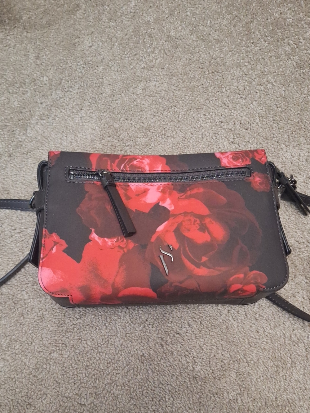 Floral Red Crossbody Bag with Front Zip Pocket